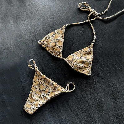 Women Fashion Sexy Printed Halter-Neck Lace-Up Bikini Swimsuit