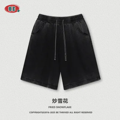 Men Fashion Casual Vintage Washed Drawstring Loose Fit Pure Cotton Shorts