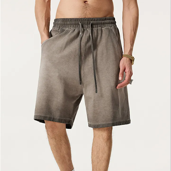 Men Fashion Casual Vintage Washed Drawstring Loose Fit Pure Cotton Shorts