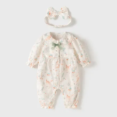 Kids Baby Girls Fashion Printed Lapel Long-Sleeve Jumpsuit