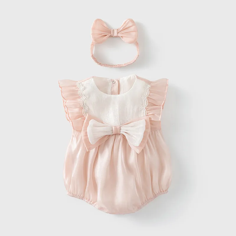 Kids Baby Girls Fashion Cute Thin Lace Flutter Sleeve Bowknot Rompers Short Sleeve