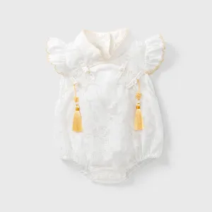 Kids Baby Girls Fashion Elegant Jacquard Cotton Thin Flutter Sleeve Rompers Short Sleeve Light-Weight 0-3T