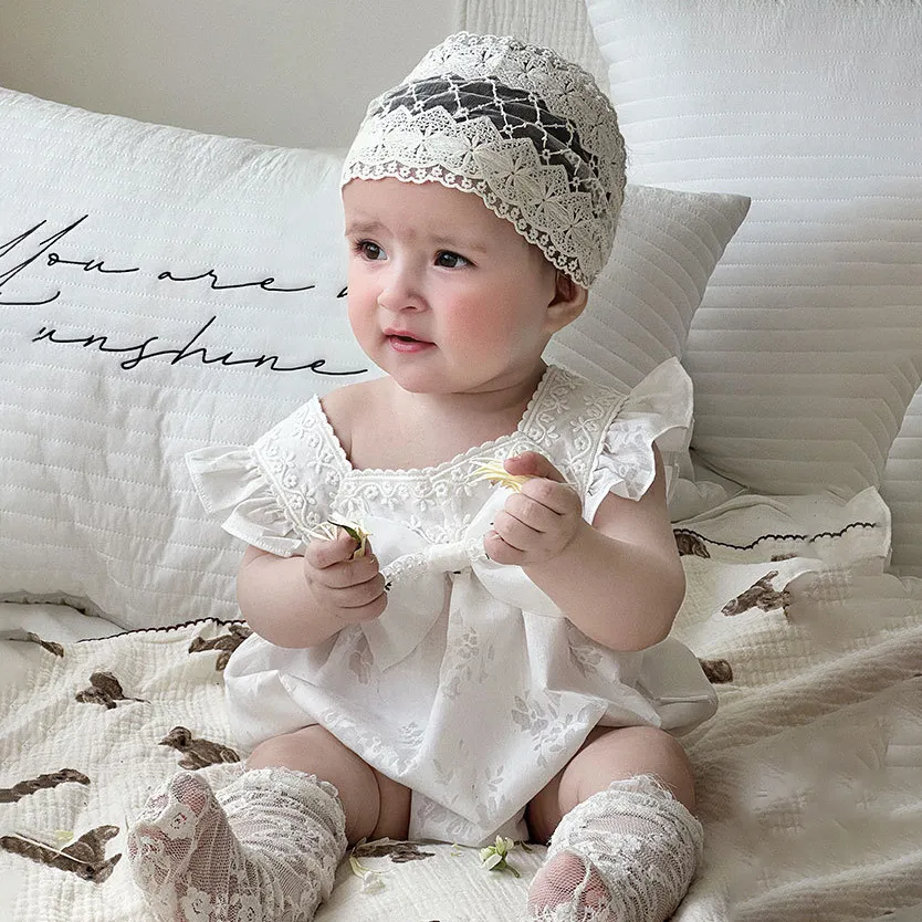 Kids Baby Girl Cute Bowknot Jacquard Sleeveless Flutter Romper Lightweight Cotton Blend