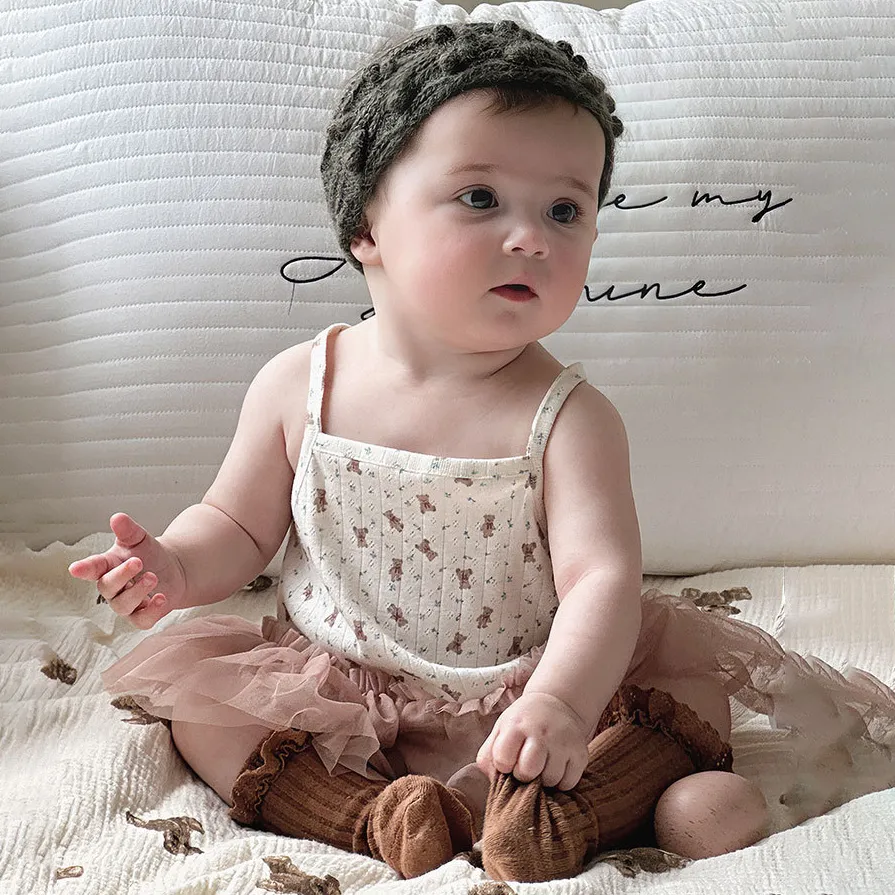 Kids Baby Girl Fashion Cute Printed Mesh Stitching Sleeveless Rompers