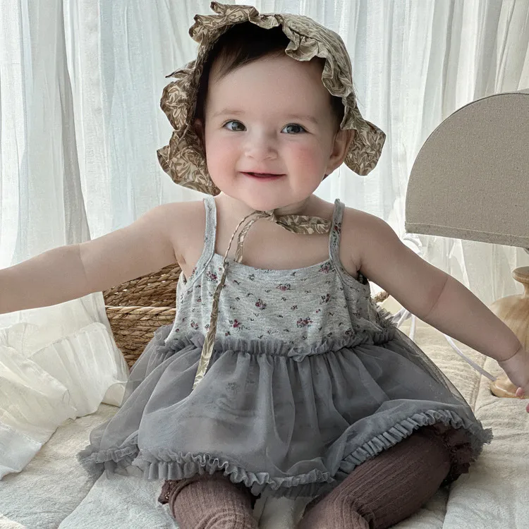 Kids Baby Girl's Cute Flower Printed Mesh Stitching Sleeveless Cotton Blend Rompers 0-3T