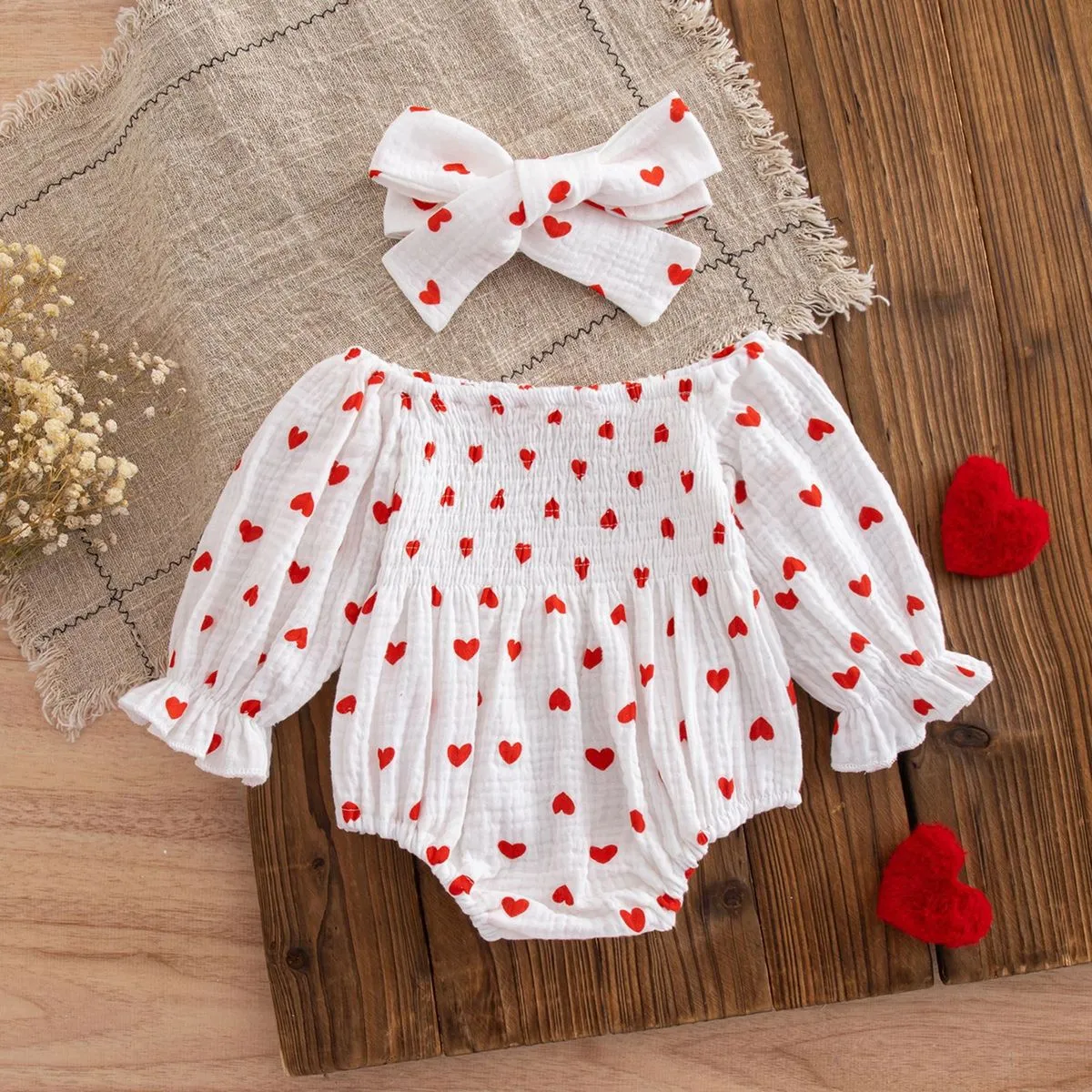 Kids Baby Girls Fashion Love Printed Long-Sleeve Cotton Rompers Hidden Button
