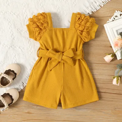 Kids Baby Girl Fashion Elegant Solid Color Square Neck Puff Sleeve Rompers Jumpsuit Cotton