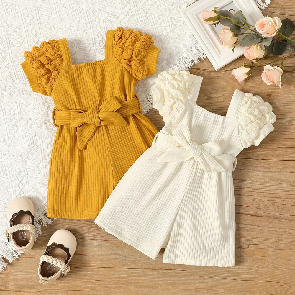 Kids Baby Girl Fashion Elegant Solid Color Square Neck Puff Sleeve Rompers Jumpsuit Cotton