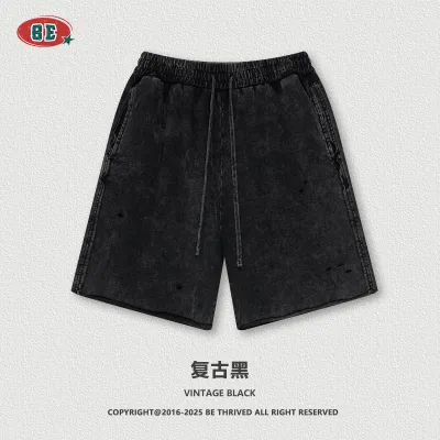 Men Fashion Casual Drawstring Washed Cotton Shorts