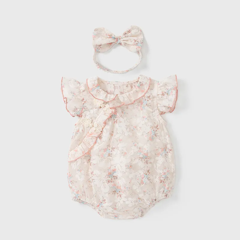 Kids Baby Girls Fashion Elegant Flower Printed Flutter Sleeve Rompers