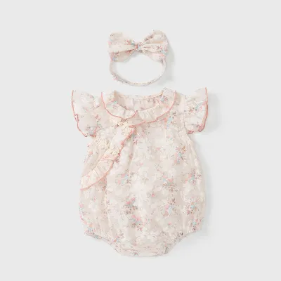 Kids Baby Girls Fashion Elegant Flower Printed Flutter Sleeve Rompers