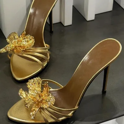 Women Fashion Sexy Metallic Floral Pointed-Toe High Heel Shoes PU Vintage