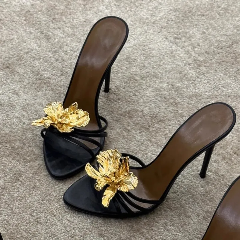 Women Fashion Sexy Metallic Floral Pointed-Toe High Heel Shoes PU Vintage