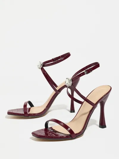 Women Fashion Sexy Solid Color Thin Strap Rhinestone Buckle Super High Heel Shoes