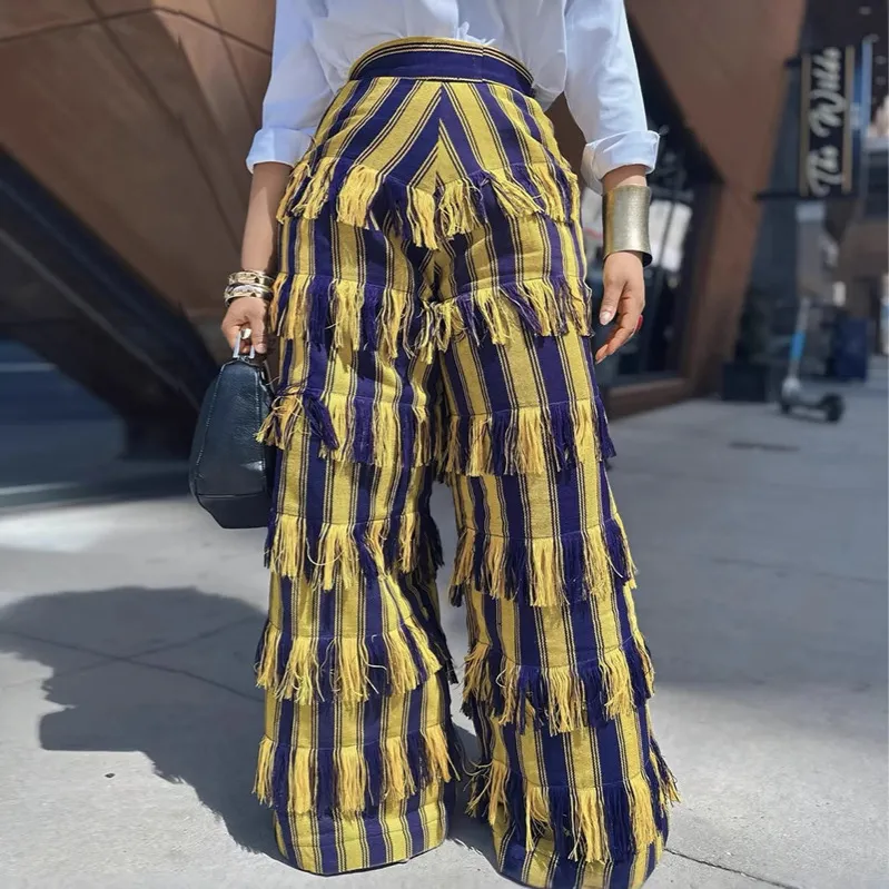 Women Fashion Stripe Tassel Wide Leg Pants