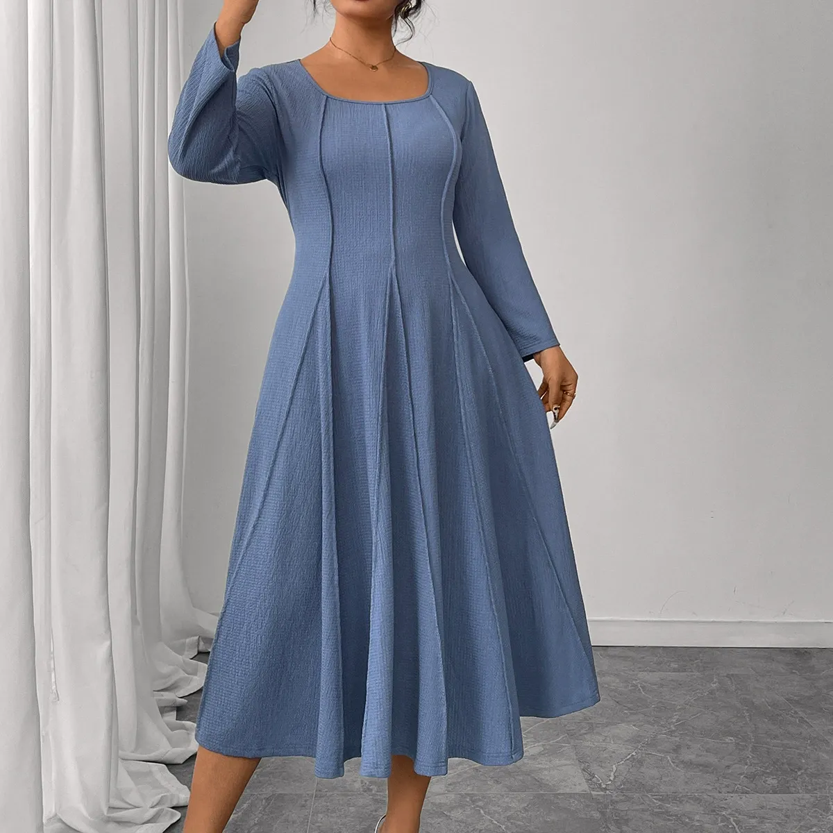 Women Plus Size Fashion Solid Color Long Sleeve Square Collar Dress