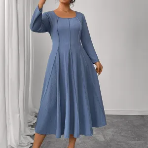 Women Plus Size Fashion Solid Color Long Sleeve Square Collar Dress