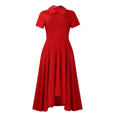 Women Elegant Pure Color Irregular Hem Short Sleeve African Plus Size Dress