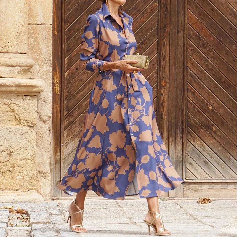 Spring Women Fashion Temperament Printed Long Sleeve Lapel Midi Dress