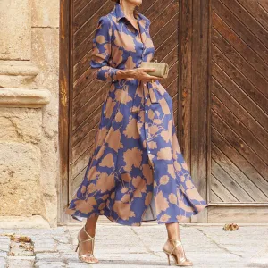Spring Women Fashion Temperament Printed Long Sleeve Lapel Midi Dress