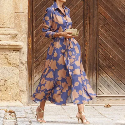 Spring Women Fashion Temperament Printed Long Sleeve Lapel Midi Dress