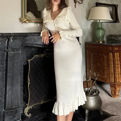 Autumn Winter Women Elegant Stitching Contrast Ruffle Knit Dress