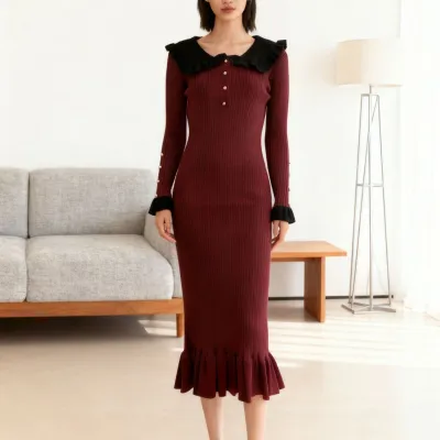 Autumn Winter Women Elegant Stitching Contrast Ruffle Knit Dress