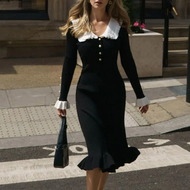 Autumn Winter Women Elegant Stitching Contrast Ruffle Knit Dress