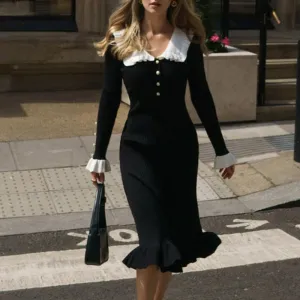 Autumn Winter Women Elegant Stitching Contrast Ruffle Knit Dress