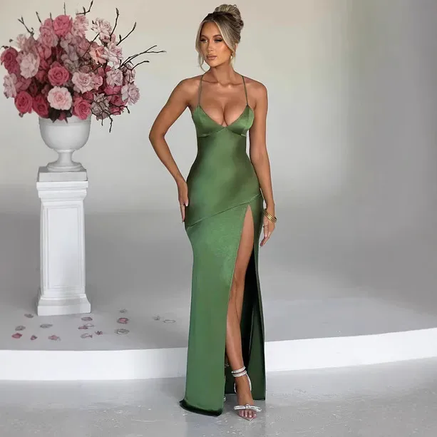 Women Sexy Side Slit Sling Maxi Dress