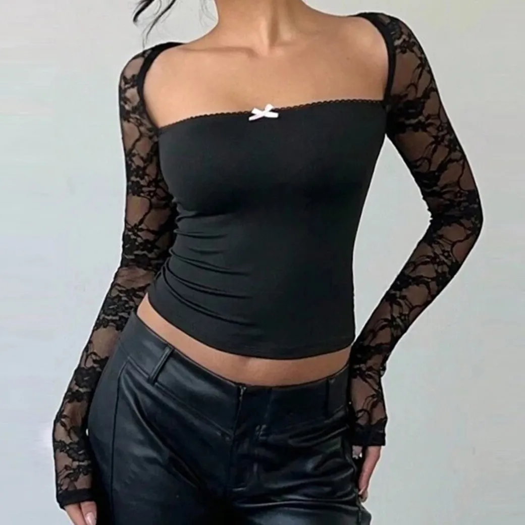 Women Sexy Lace Long Sleeve Cropped Top Slim Fit