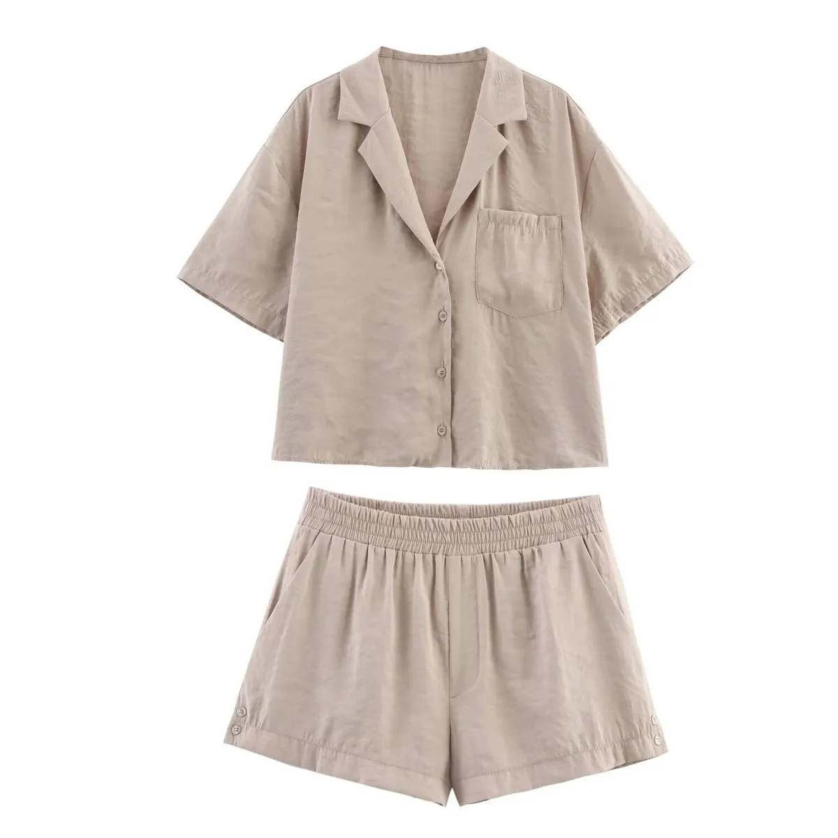Women Casual Solid Color Lapel Short-Sleeve Blouse Mid-Waist Shorts Two-Piece Set