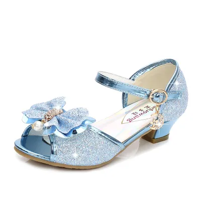 Kids Girls Crystal Sequins Bowknot Short High Heel Sandals Tiny Flower