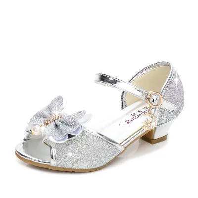 Kids Girls Crystal Sequins Bowknot Short High Heel Sandals Tiny Flower