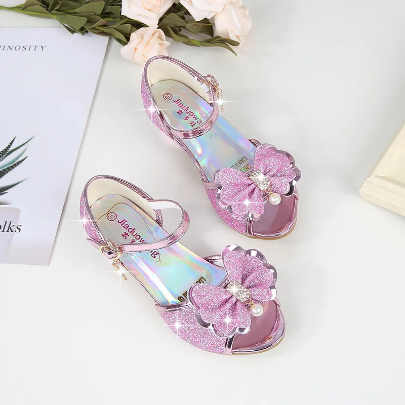 Kids Girls Crystal Sequins Bowknot Short High Heel Sandals Tiny Flower