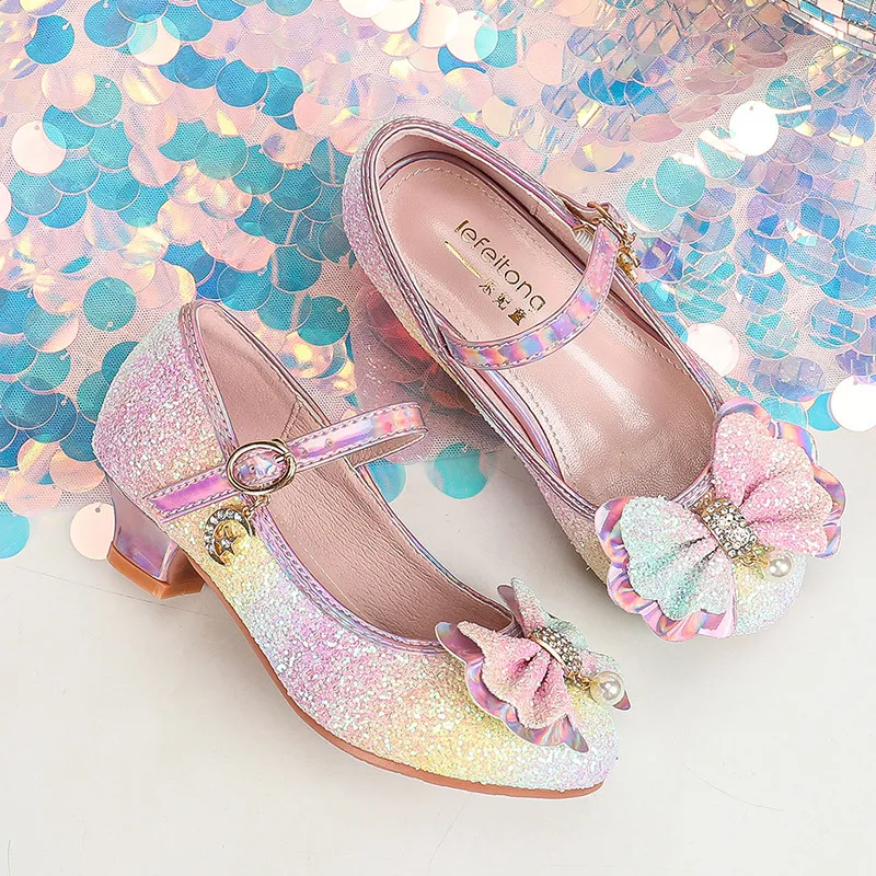 Kids Girls Fashion Elegant Leather Gradient Bowknot Princess Shoes