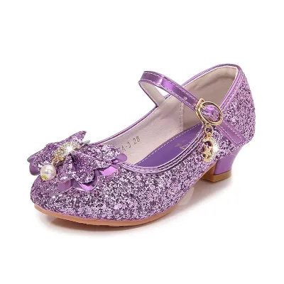 Kids Girls Sequins Bowknot Elegant Solid Color High Heels Soft Sole Shoes