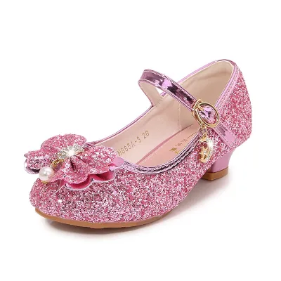 Kids Girls Sequins Bowknot Elegant Solid Color High Heels Soft Sole Shoes
