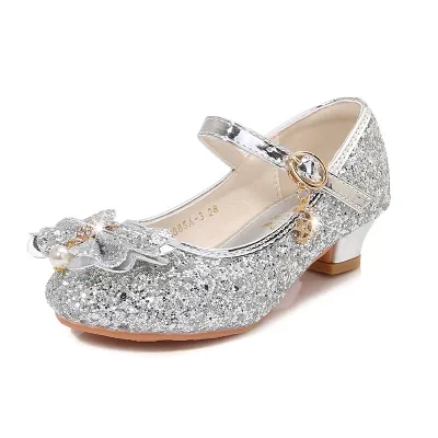 Kids Girls Sequins Bowknot Elegant Solid Color High Heels Soft Sole Shoes