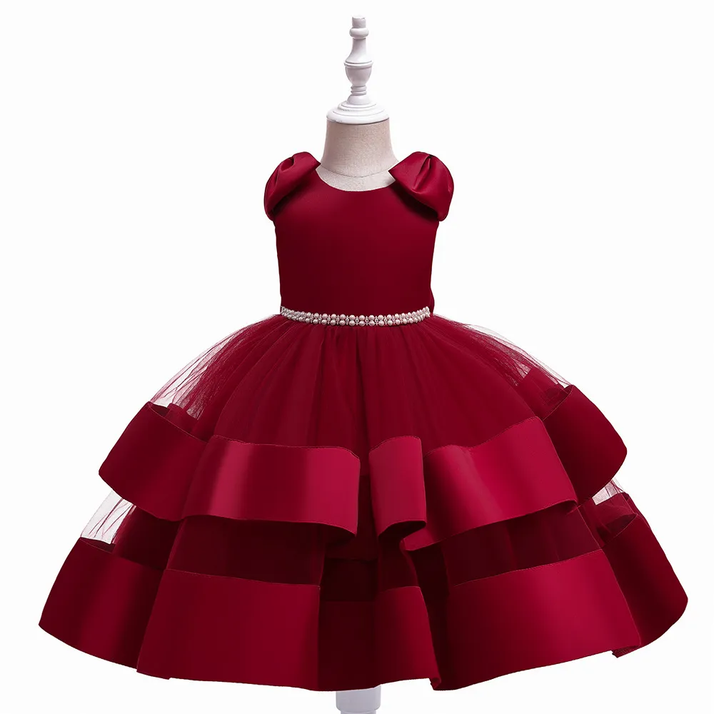 Kids Girls Fashion Elegant Double Layer Mesh Sleeveless Pearl Chain Party Dress