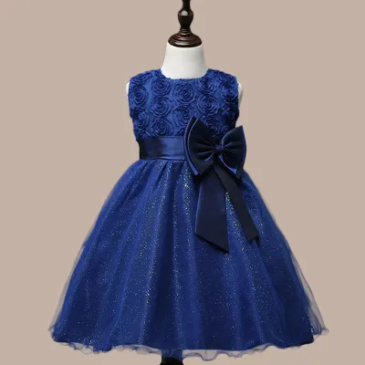 Girls Fashion Elegant Flower Bowknot Mesh Sleeveless Party Dress