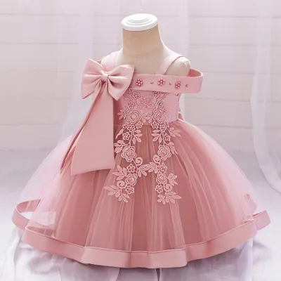 Kids Baby Girl Fashion Elegant Mesh Beaded Bowknot Off-Shoulder Party Dress