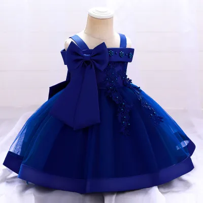 Kids Baby Girl Fashion Elegant Mesh Beaded Bowknot Off-Shoulder Party Dress