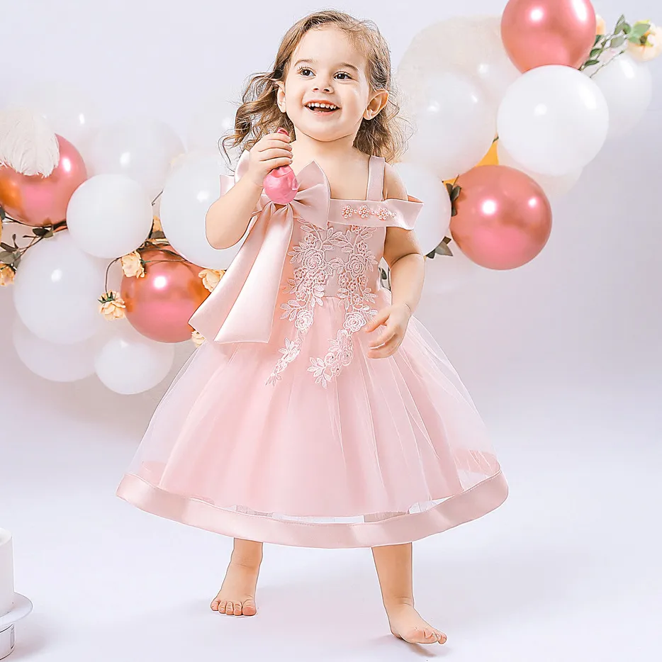 Kids Baby Girl Fashion Elegant Mesh Beaded Bowknot Off-Shoulder Party Dress