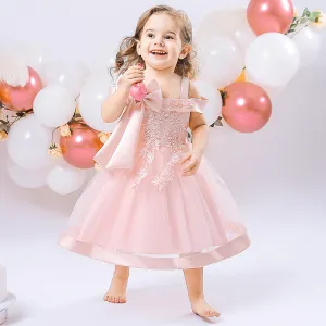 Kids Baby Girl Fashion Elegant Mesh Beaded Bowknot Off-Shoulder Party Dress