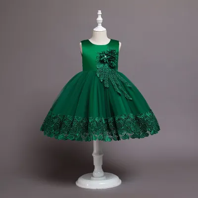Kids Girls Elegant Solid Color Lace Mesh Sleeveless Party Dress