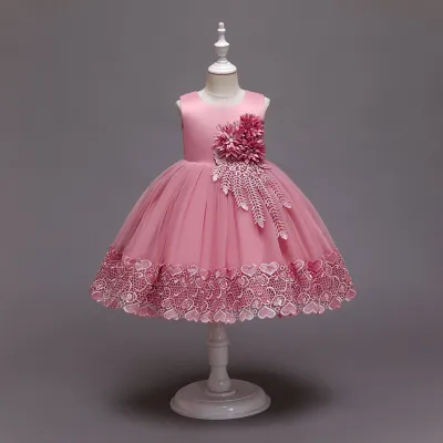 Kids Girls Elegant Solid Color Lace Mesh Sleeveless Party Dress