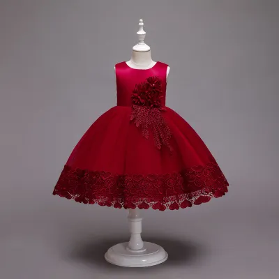Kids Girls Elegant Solid Color Lace Mesh Sleeveless Party Dress