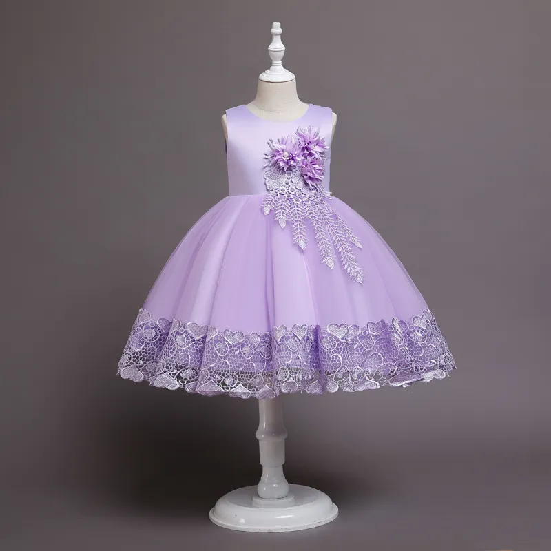 Kids Girls Elegant Solid Color Lace Mesh Sleeveless Party Dress