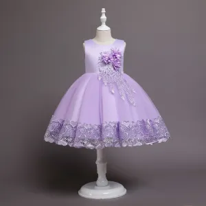 Kids Girls Elegant Solid Color Lace Mesh Sleeveless Party Dress